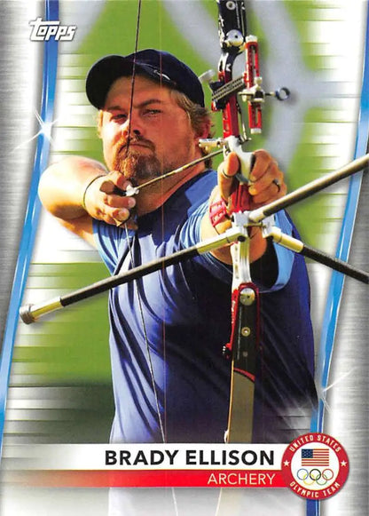 Archer Brady Ellison in blue uniform draws competition bow on Ellison archery card