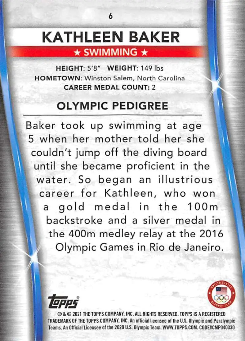 Kathleen Baker swimming achievements from 2016 Rio Games on Topps Paralympics Team card