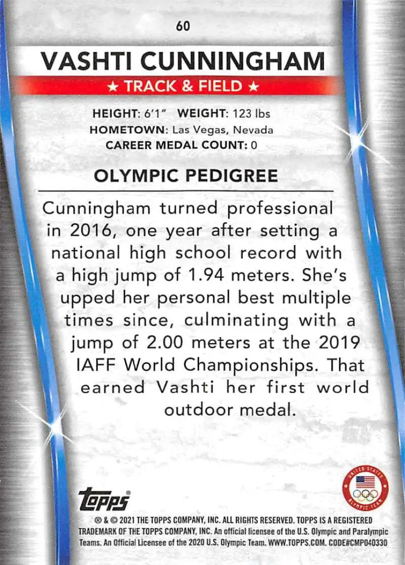 Trading card of Vashti Cunningham showcasing her Olympic stats and Paralympics Team achievements