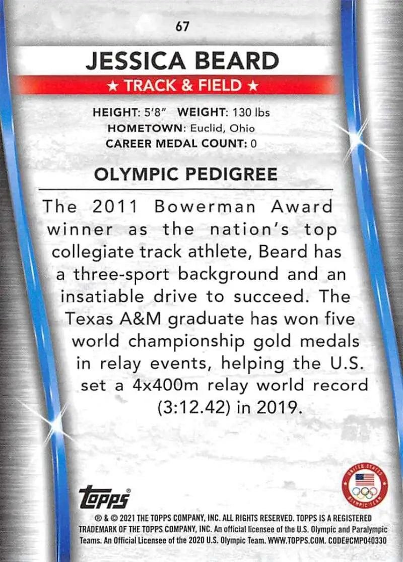 Trading card of Jessica Beard, showcasing stats from the Paralympics Team Hopefuls