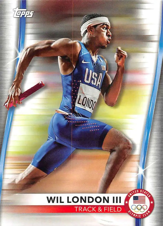 Wil London III sprinting in blue uniform during 2021 Olympics competition