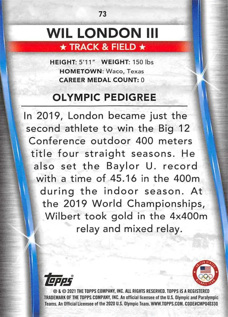 Wil London III Olympic track and field card showcasing statistics and achievements