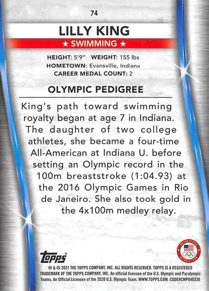 Lilly King 2016 Rio Olympics trading card, showcasing swimmer statistics and achievements