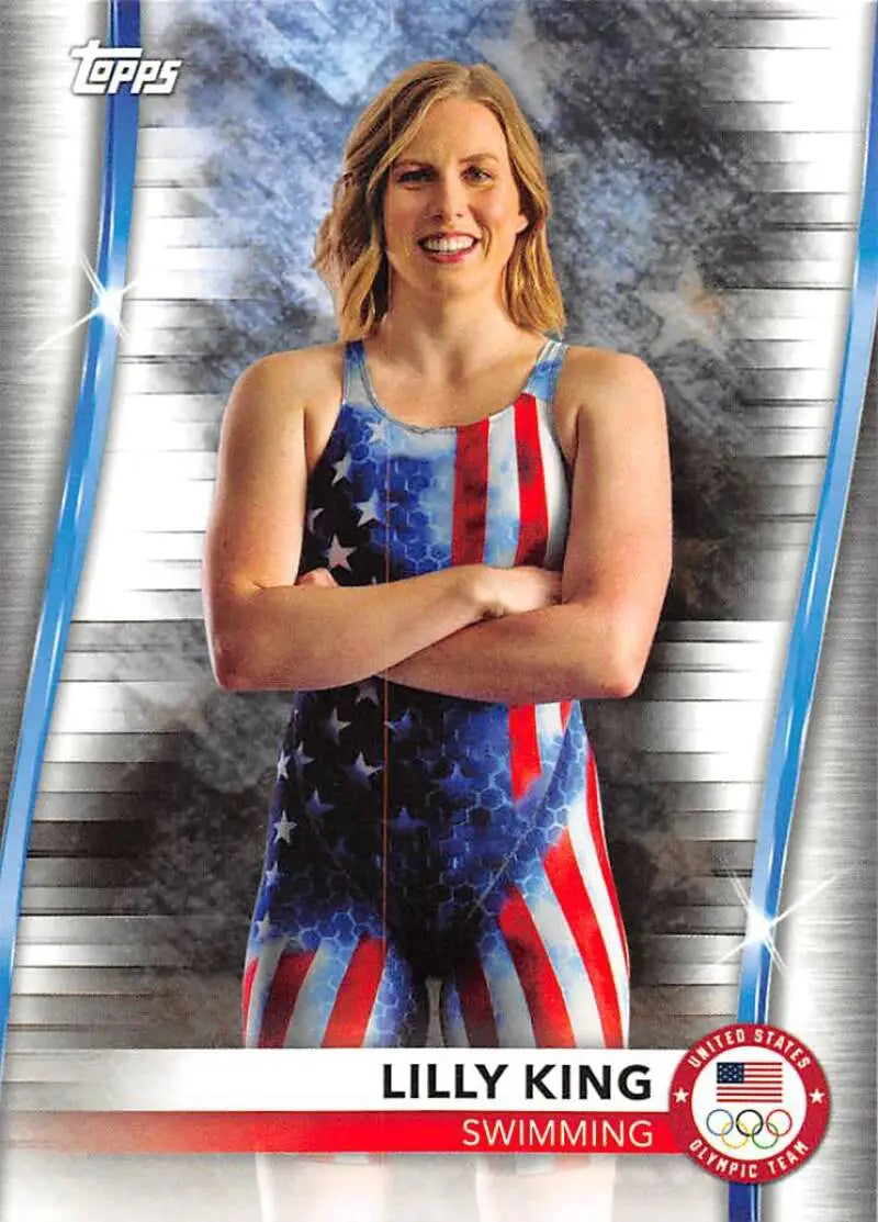 Athlete in patriotic American flag swimsuit, representing Lilly King, Paralympics Team Hopefuls