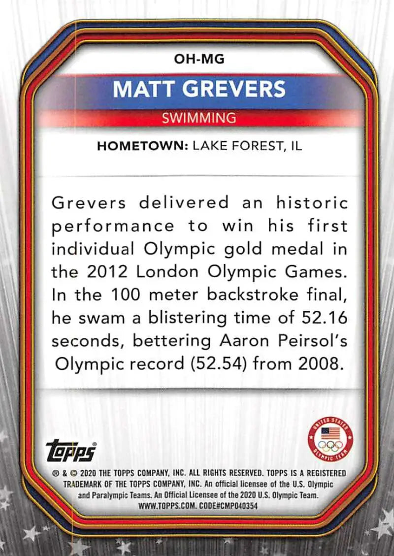 Matt Grevers Swimming Card from 2021 Topps US Olympics Heroes celebrating 2012 achievements