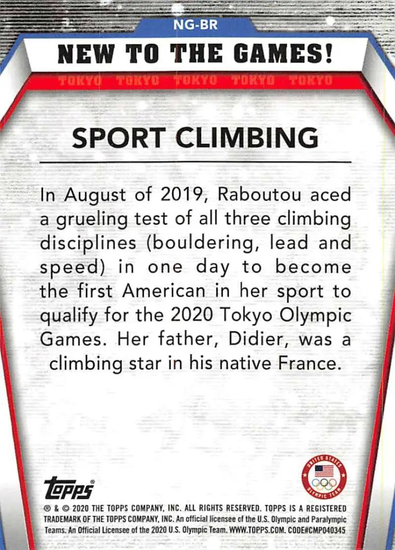 Sport Climbing card featuring Brooke Raboutou’s Olympic debut qualification details