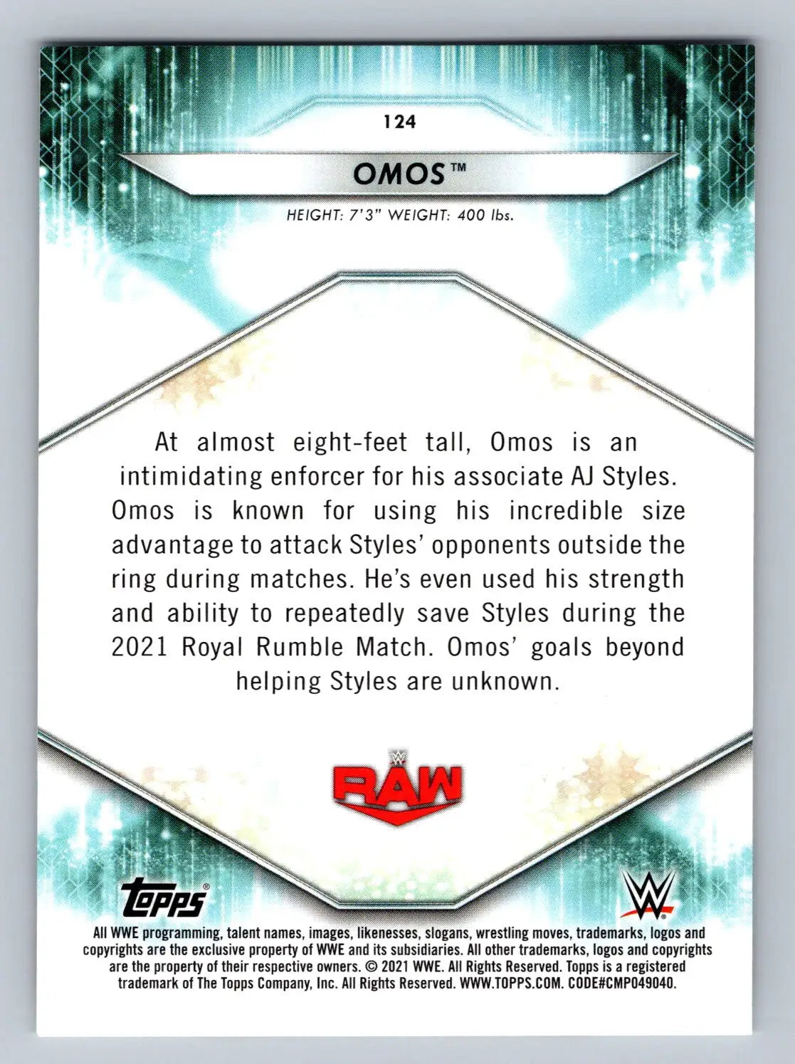 WWE Omos trading card from 2021 Topps WWE #124 showcasing the wrestler’s key features