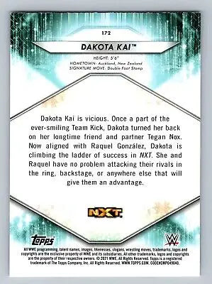 Dakota Kai wrestling card from 2021 Topps WWE #172 featuring her dynamic action shot