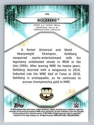 2021 Topps WWE #195 Goldberg wrestling card showcasing the iconic wrestler’s image