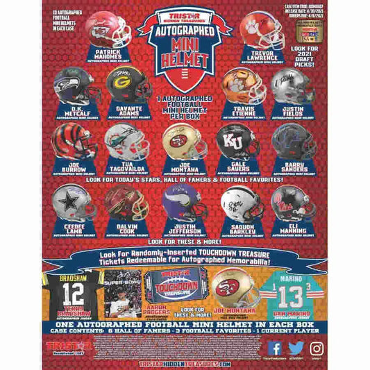 Promotional poster for Tristar Hidden Treasures autographed football mini helmets