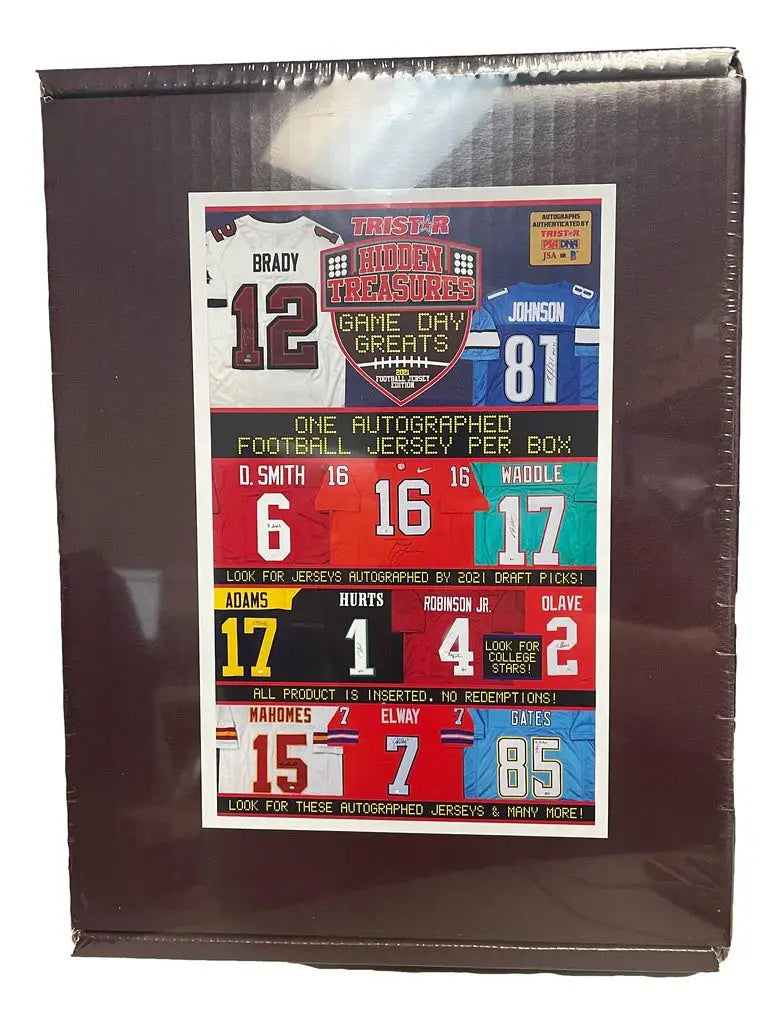 Sealed box of football cards featuring autographed jerseys and team colors