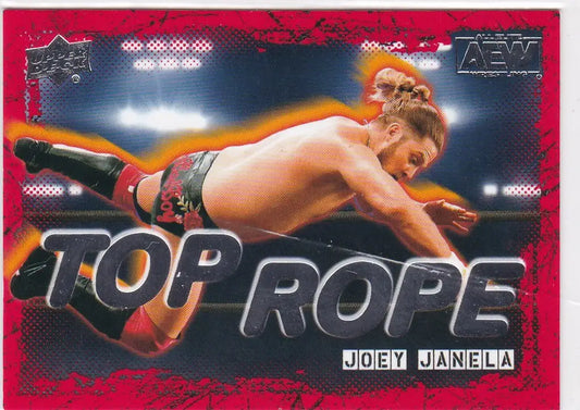 Professional wrestler Joey Janela executing a top rope maneuver in an Upper Deck AEW card