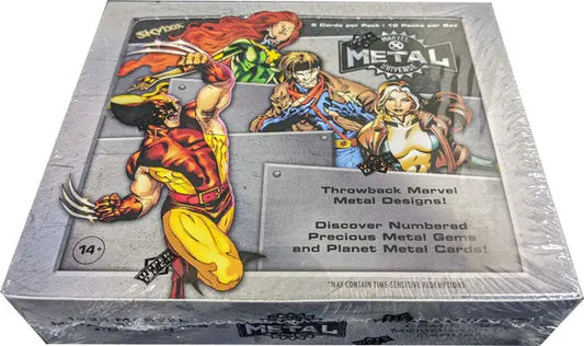 Factory sealed box of Heavy Metal trading cards showcasing comic-style artwork for Metal Universe trading