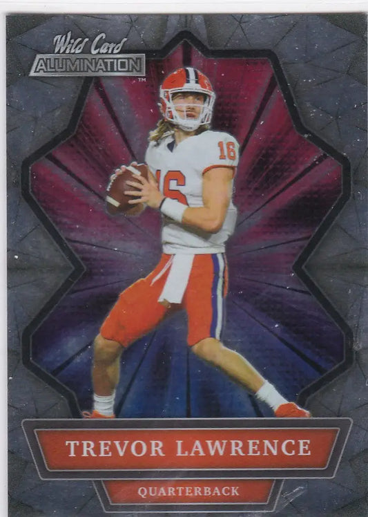 Football trading card of Trevor Lawrence in orange and white uniform from Wild Card Alumination