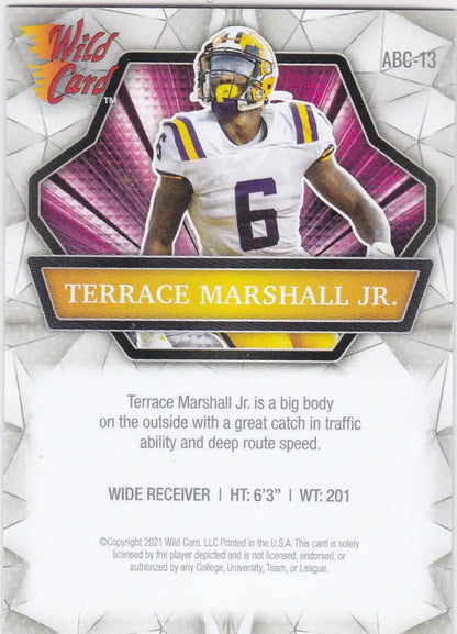 Football trading card of Terrance Marshall Jr Panthers in Wild Card Alumination design