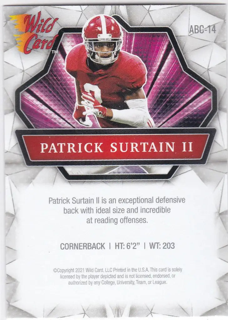 Football trading card of Patrick Surtain Alabama in red jersey #2, Wild Card Alumination