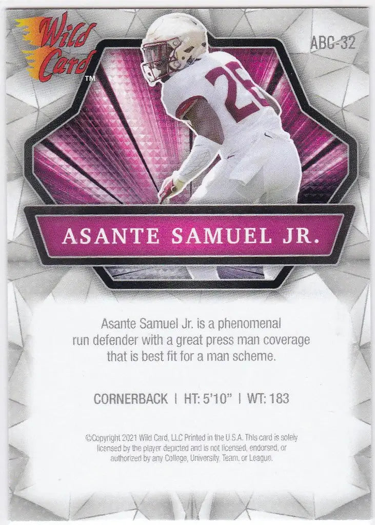 Football trading card of Asante Samuel Jr in white uniform for Wild Card Alumination