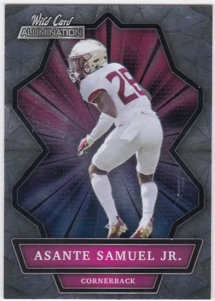 Football trading card of Asante Samuel Jr in white uniform for Wild Card Alumination