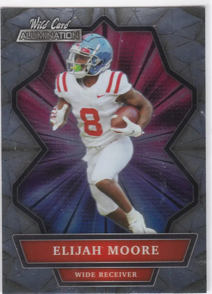 Football trading card of Elijah Moore Rookie in white uniform 8 from Wild Card Alumination