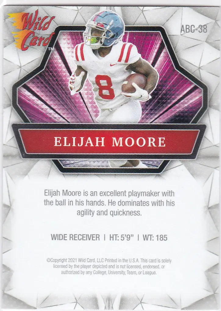 Football trading card of Elijah Moore rookie in Wild Card Alumination design