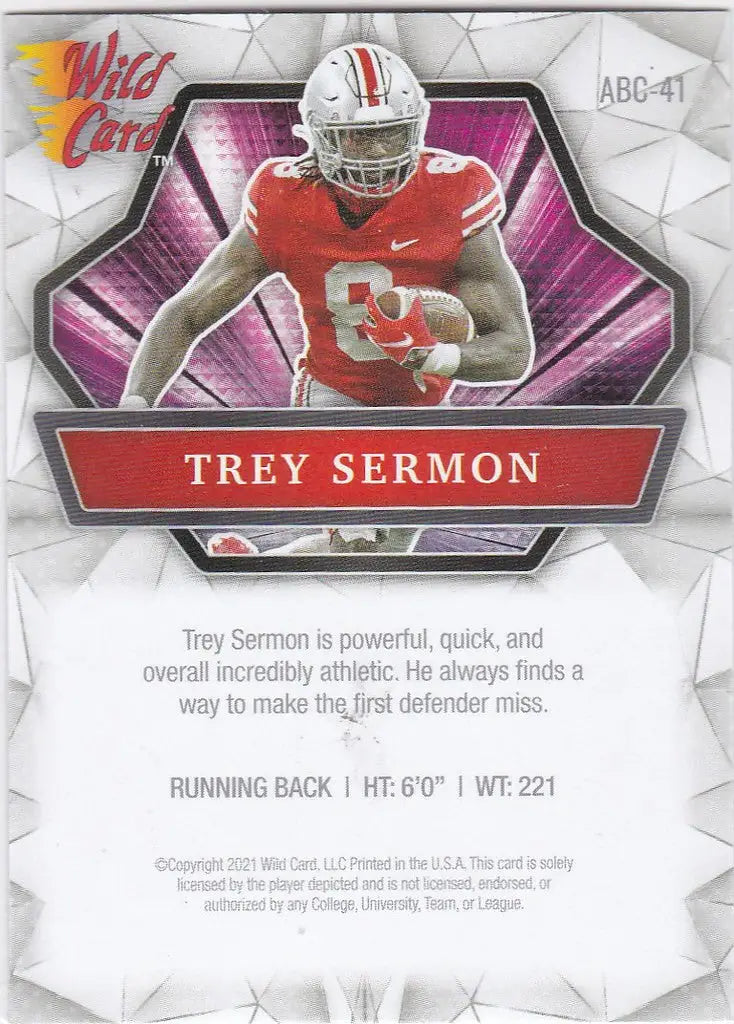 Football trading card of Trey Sermon RC in red jersey number 8 for San Francisco 49ers Wild Card Alumination