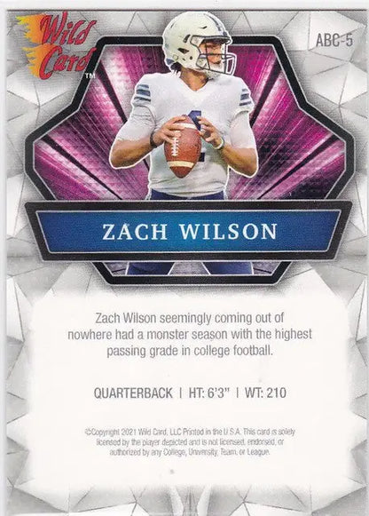 Football trading card of Zach Wilson in white jersey from Wild Card Alumination series