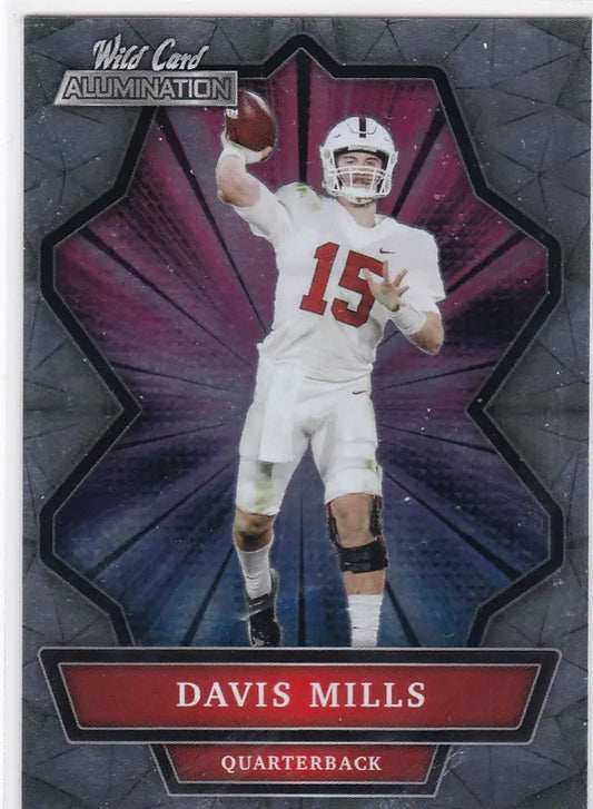 Football trading card of Davis Mills in white uniform, featuring Wild Card Alumination design