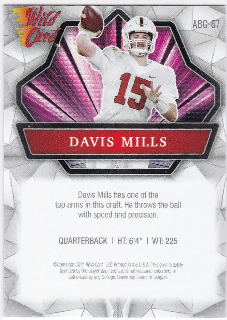 Football trading card of Davis Mills in white uniform, featured in Wild Card Alumination