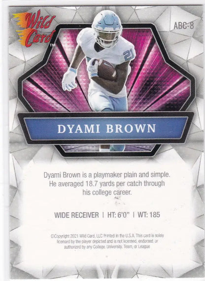 Football trading card of Dyami Brown in light blue uniform from Wild Card Alumination