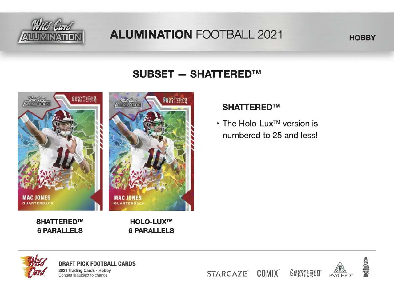 Product advertisement card featuring two football trading card variants from Alumination Shattered subset in 2021 Wild Card Alumination Football Hobby Box showcasing black chase packs