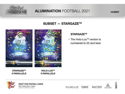 Holographic football trading cards from 2021 Wild Card Alumination chase packs