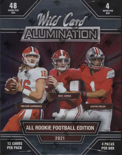 Trading card box of 2021 Wild Card Alumination with black chase packs featuring college QBs