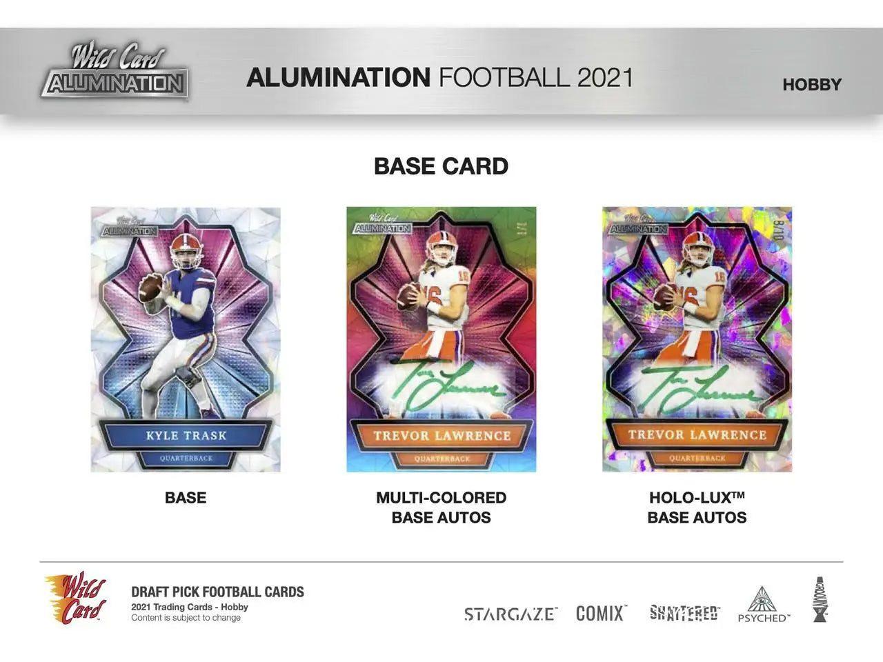 Trading card variations of a football player from 2021 Wild Card Alumination Hobby Box