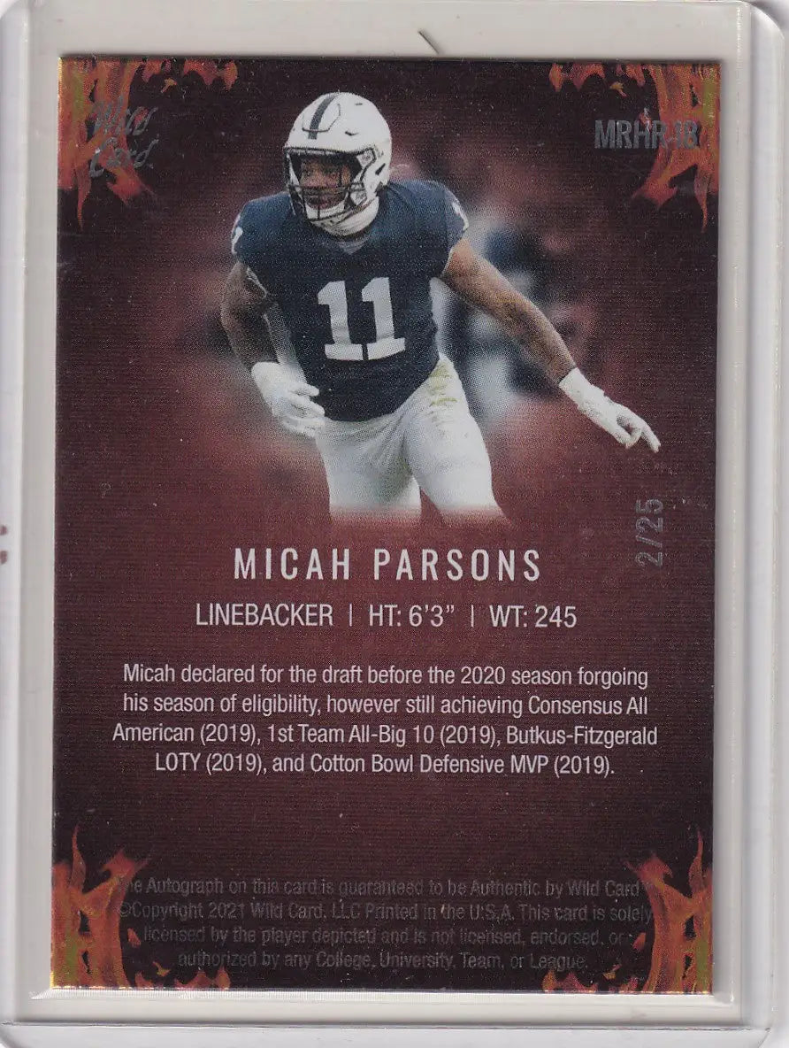 Football trading card of Micah Parsons in Penn State Navy uniform, Wild Card Matte edition