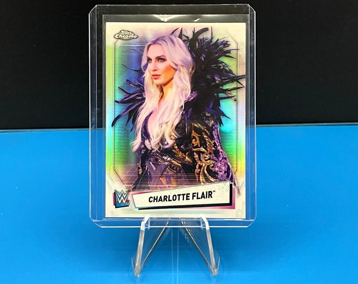 Charlotte Flair trading card from 2021 WWE Topps Chrome Refractor #12 collectible series