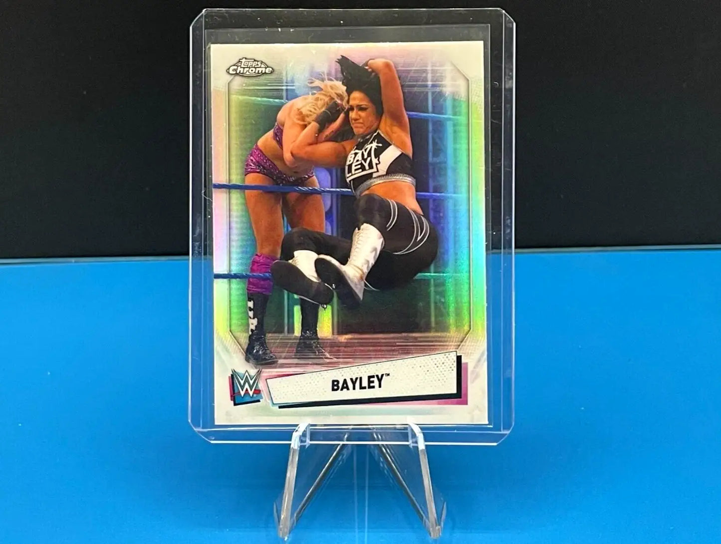 2021 WWE Topps Chrome refractor card featuring Bayley in action