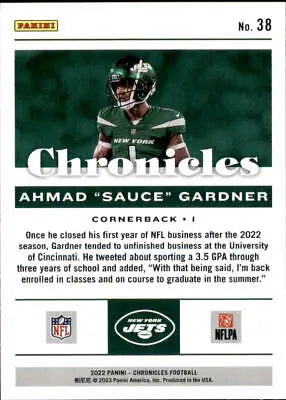 Ahmad Gardner rookie card from 2022 Panini Chronicles, New York Jets NFL collectible