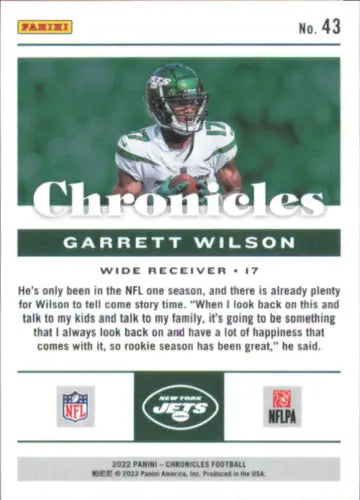 Garrett Wilson Rookie Card from 2022 Panini Chronicles #43, New York Jets Football