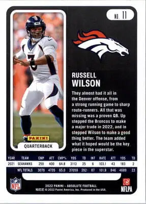 Russell Wilson Denver Broncos football card from 2022 Absolute Green NFL collection