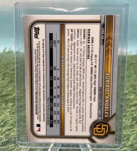 Baseball card in protective case for 2022 Bowman Chrome Euribiel Angeles Green Shimmer Refractor