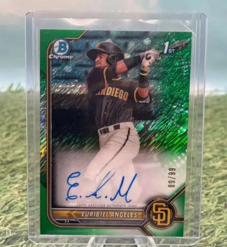 Euribiel Angeles autographed baseball card from 2022 Bowman Chrome Green Shimmer Refractor