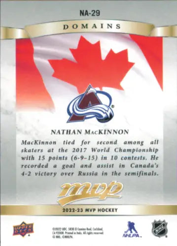 Hockey card of Nathan MacKinnon from Upper Deck MVP 2022-23 Avalanche collection