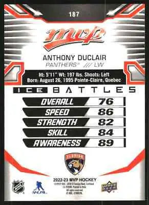 Hockey card back of 2022-23 Upper Deck MVP Ice Battles Anthony Duclair Florida Panthers