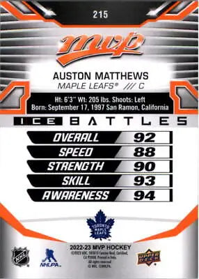 Auston Matthews 2022-23 Upper Deck MVP hockey card featuring Maple Leafs NHL star