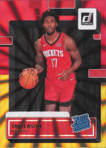 Tari Eason basketball card from 2022-23 Donruss Holo Red and Gold Laser Rookie Rockets