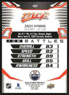 Zach Hyman hockey card from 2022-23 Upper Deck MVP Ice Battles collection