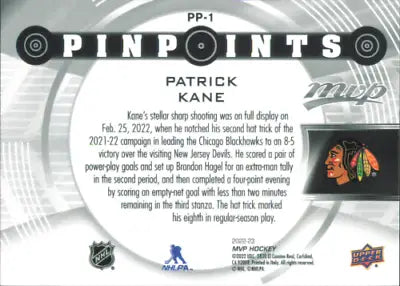 Patrick Kane 2022-23 Upper Deck MVP Pinpoints hockey card from Chicago Blackhawks