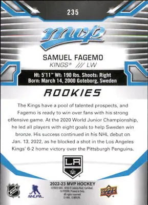 2022-23 Upper Deck MVP Samuel Fagemo SP Rookie Los Angeles Kings Hockey Card NM-MT