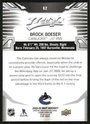 Hockey card back of 2022-23 Upper Deck MVP Silver Script Brock Boeser Vancouver Canucks