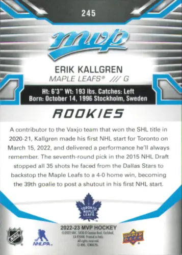 Hockey card back of 2022-23 Upper Deck MVP Erik Kallgren SP Rookie Toronto Maple Leafs